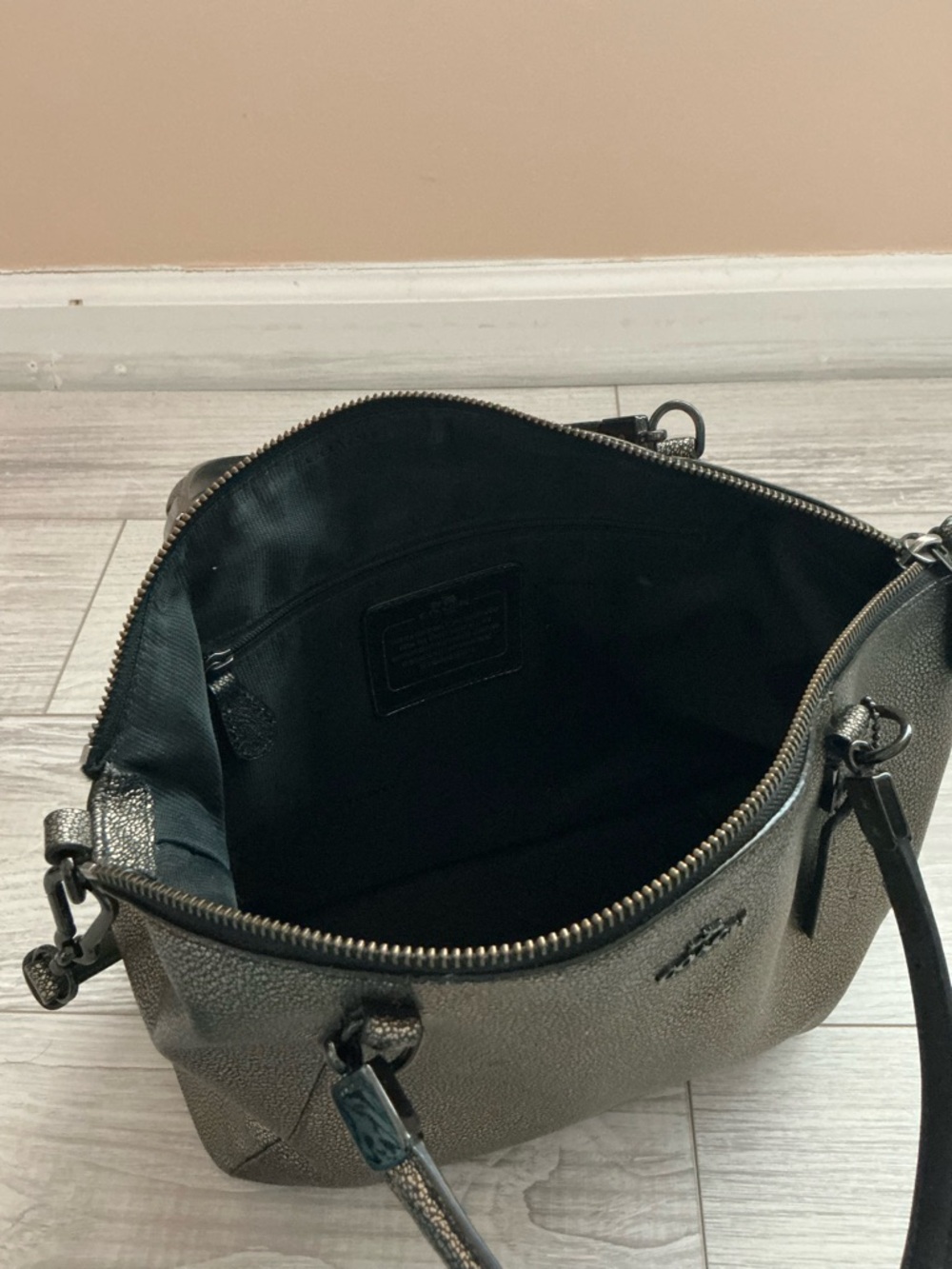 Coach Metallic Gunmetal Pebbled Leather Satchel with Strap - Picture 8 of 10